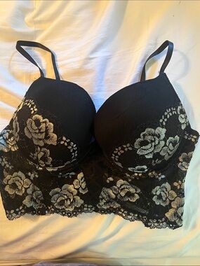 Longline Lace Bra with Silver Floral Embroidery